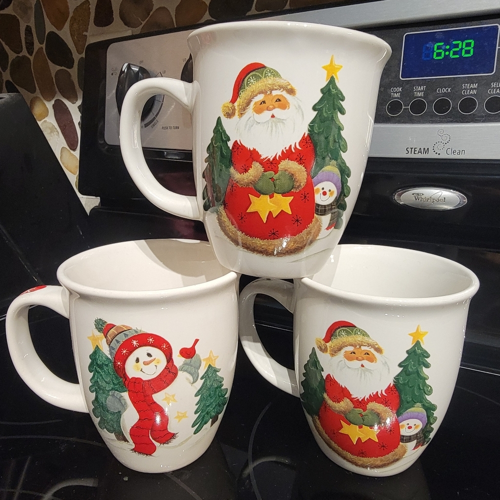 Vintage Christmas Mugs, Set of 3, Santa and Snowman, Studio 33